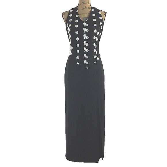 CANDYA Dress S/M White Black Long Sheath Texture Vest Overlay Side Slit VTG - Picture 1 of 8